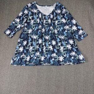 WOMAN WITHIN WOMENS BLUE FLORAL FLOWY 3/4 SLEEVE VNECK TSHIRT SIZE L 18/20